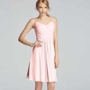 NWT Petal Pink Davids Bridal Mesh Spaghetti Strap Short Dress with V-Neckline